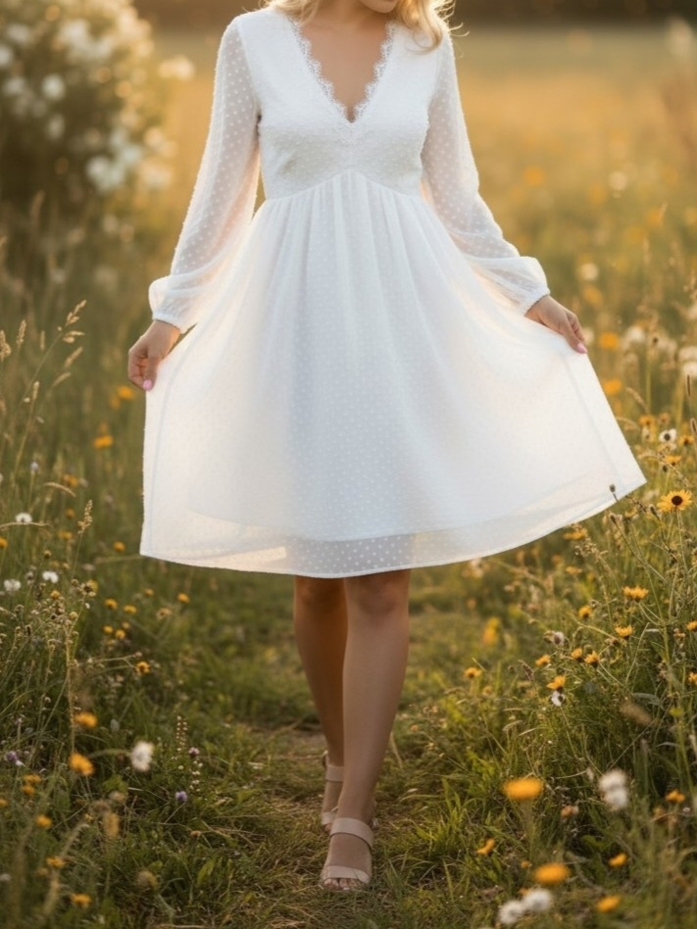 White Swiss Dot V-Neck Long Sleeve Dress